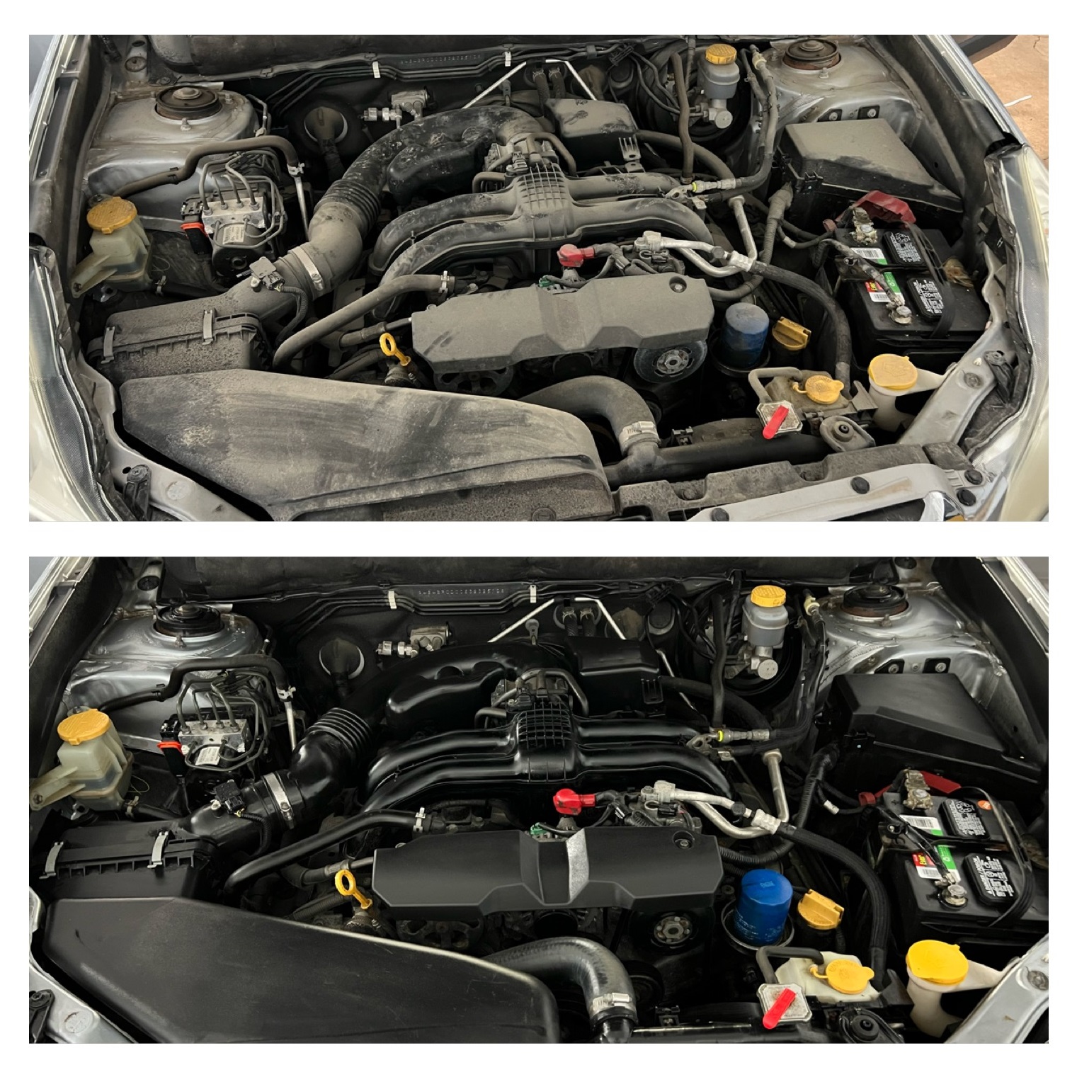 Dirty engine bay before and after professional engine detailing
