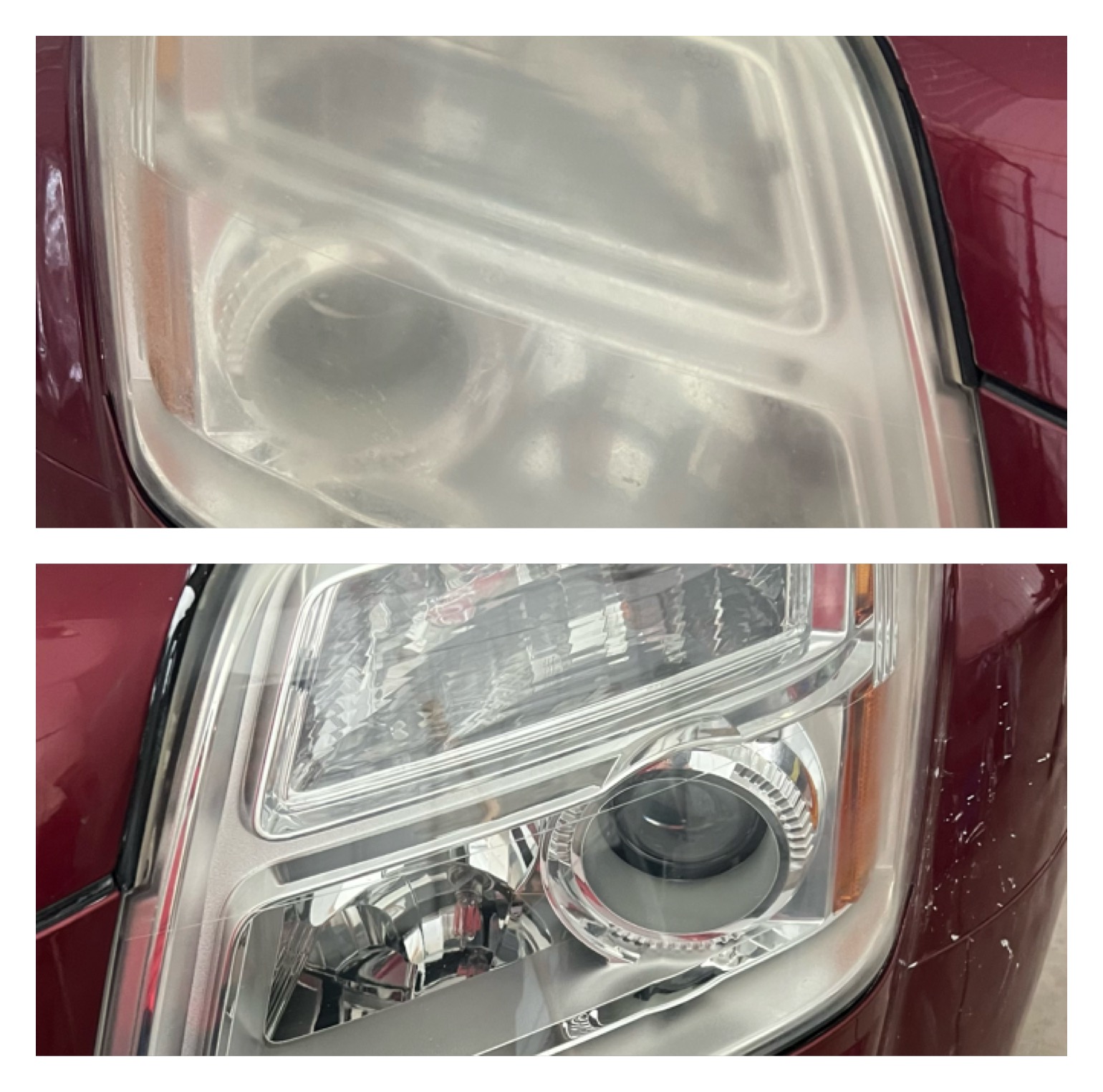 Foggy headlight before and after professional headlight restoration