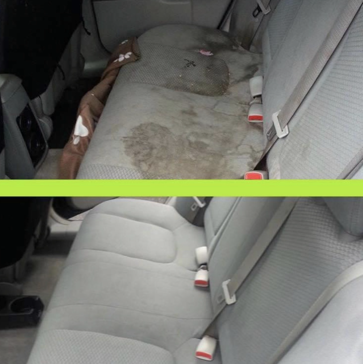 Heavily soiled car interior before and after deep cleaning detail