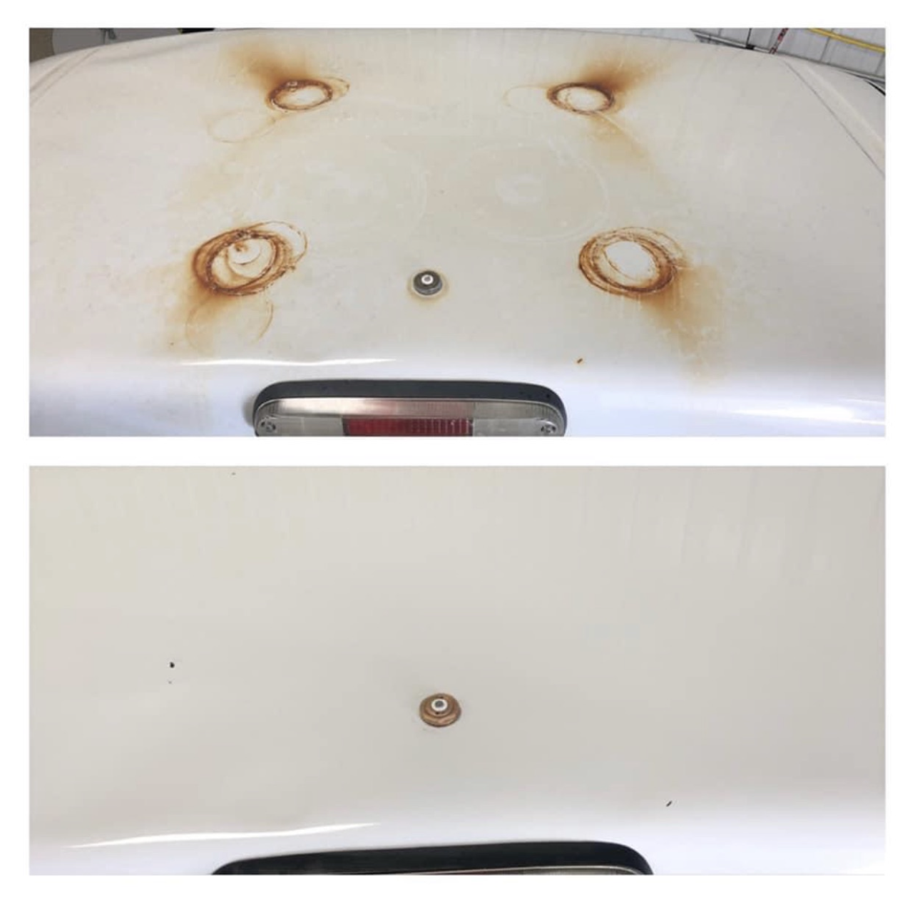 Rust ring stains on vehicle roof before and after rust removal detailing