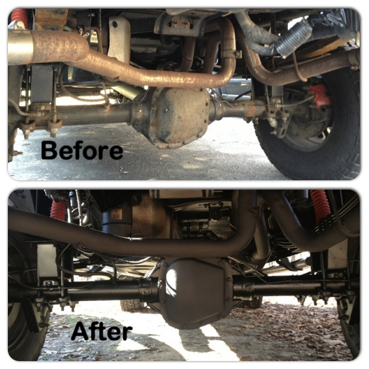 Rusty vehicle undercarriage before and after undercoating and rust protection